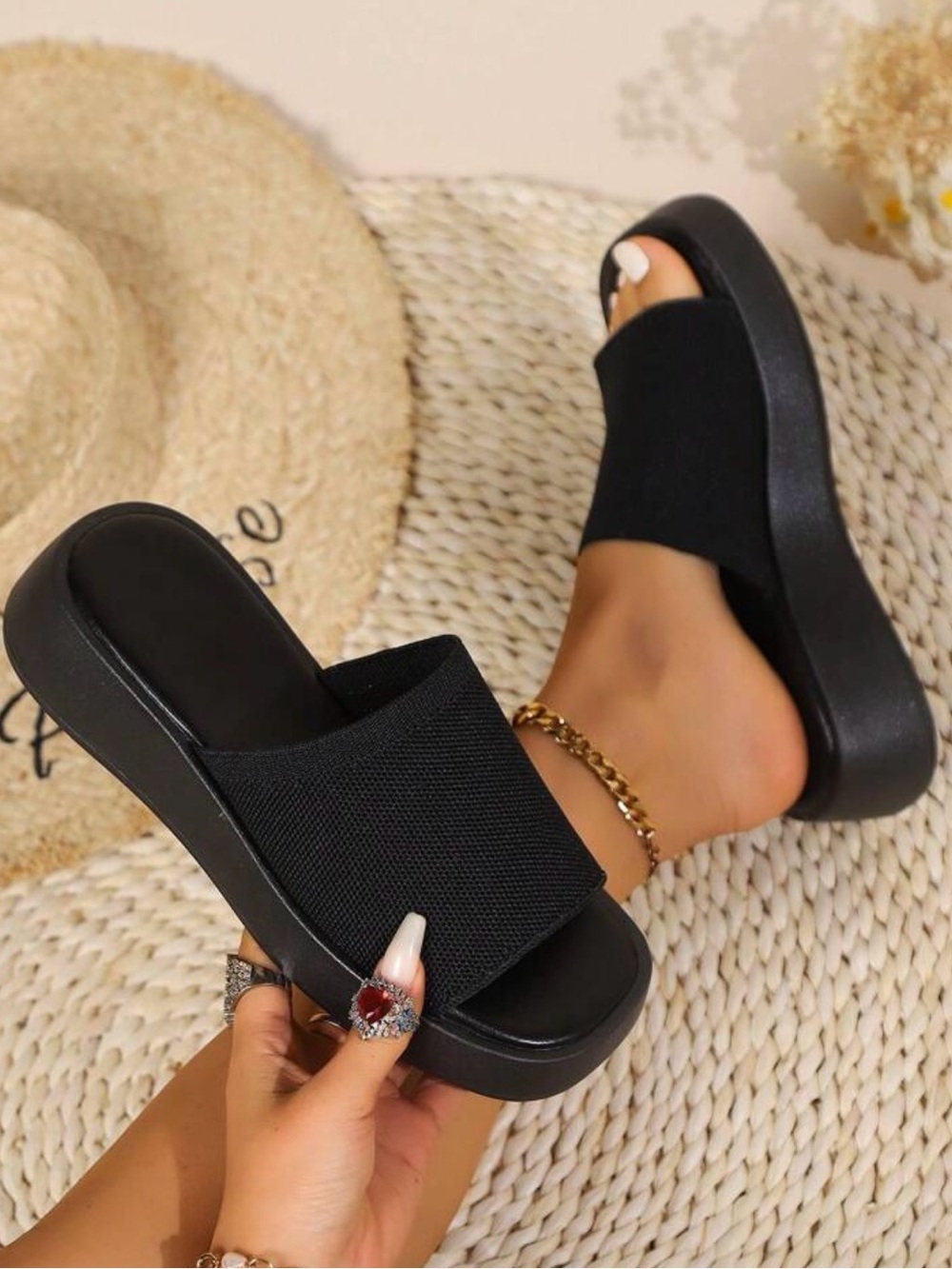 Women's Black Slide Sandals - Casual Platform Sliders